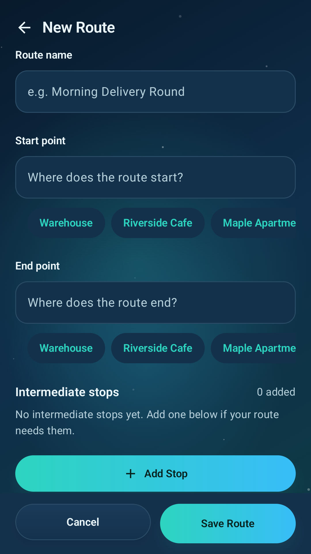 Clear Route Planner route creation screen