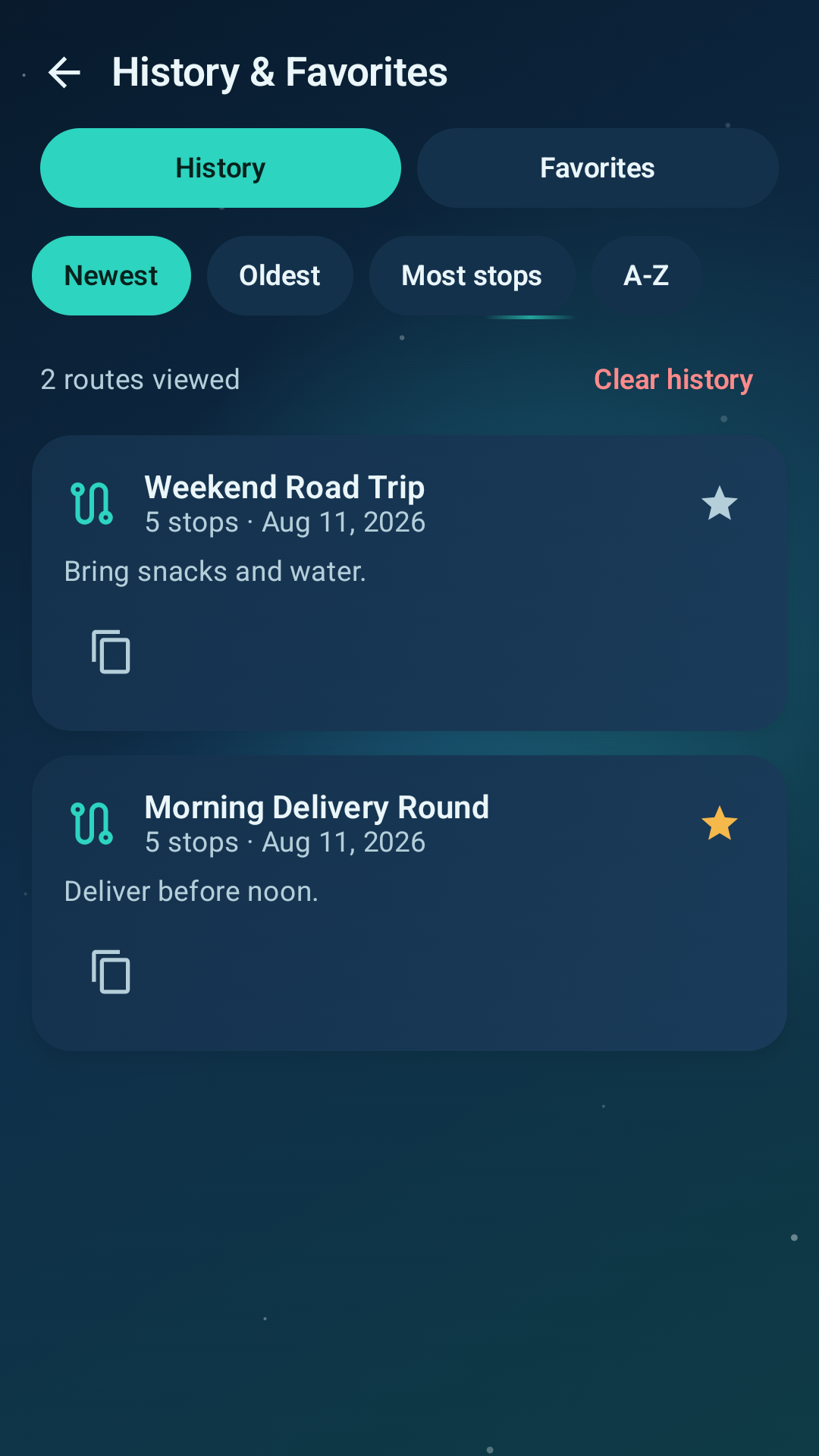 Clear Route Planner history screen