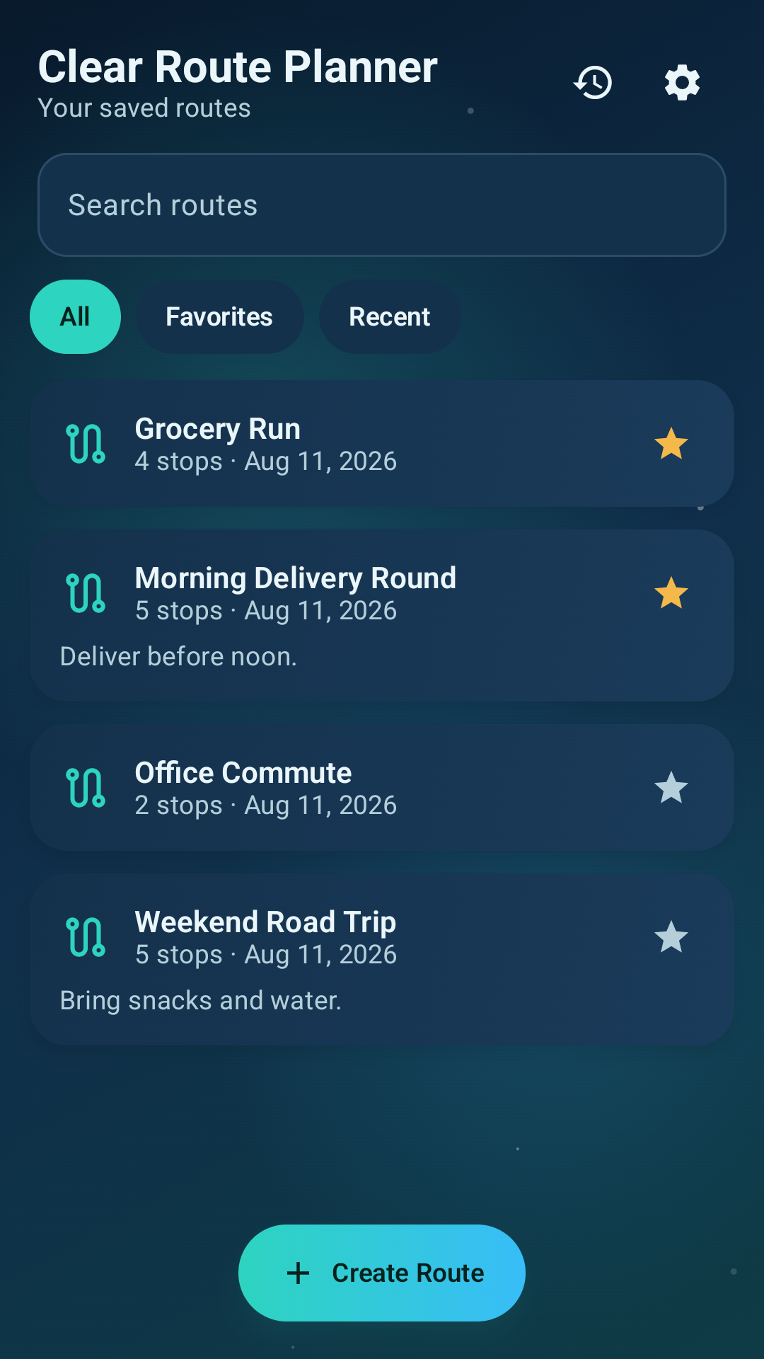 Clear Route Planner saved routes screen