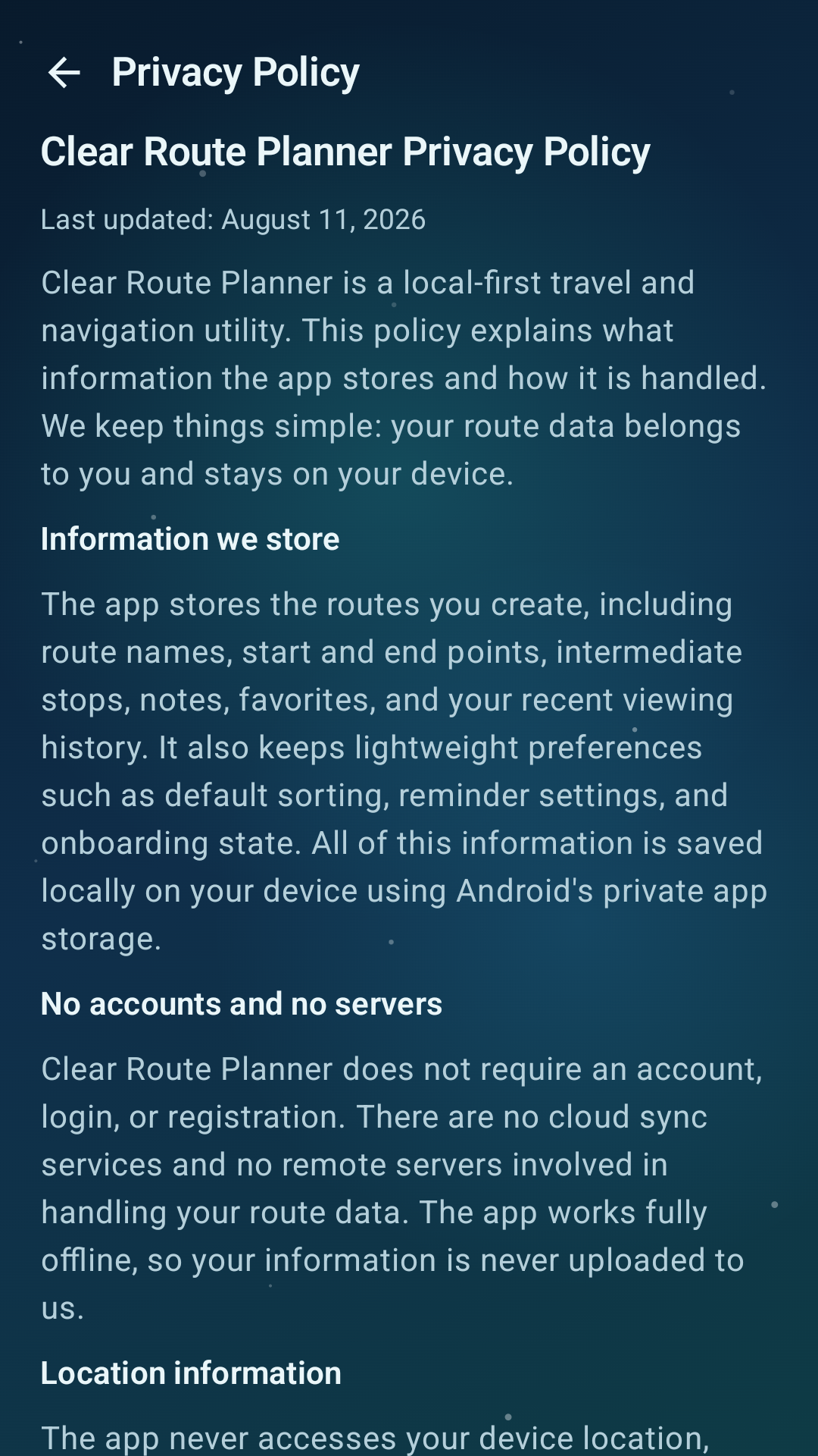 Clear Route Planner privacy screen